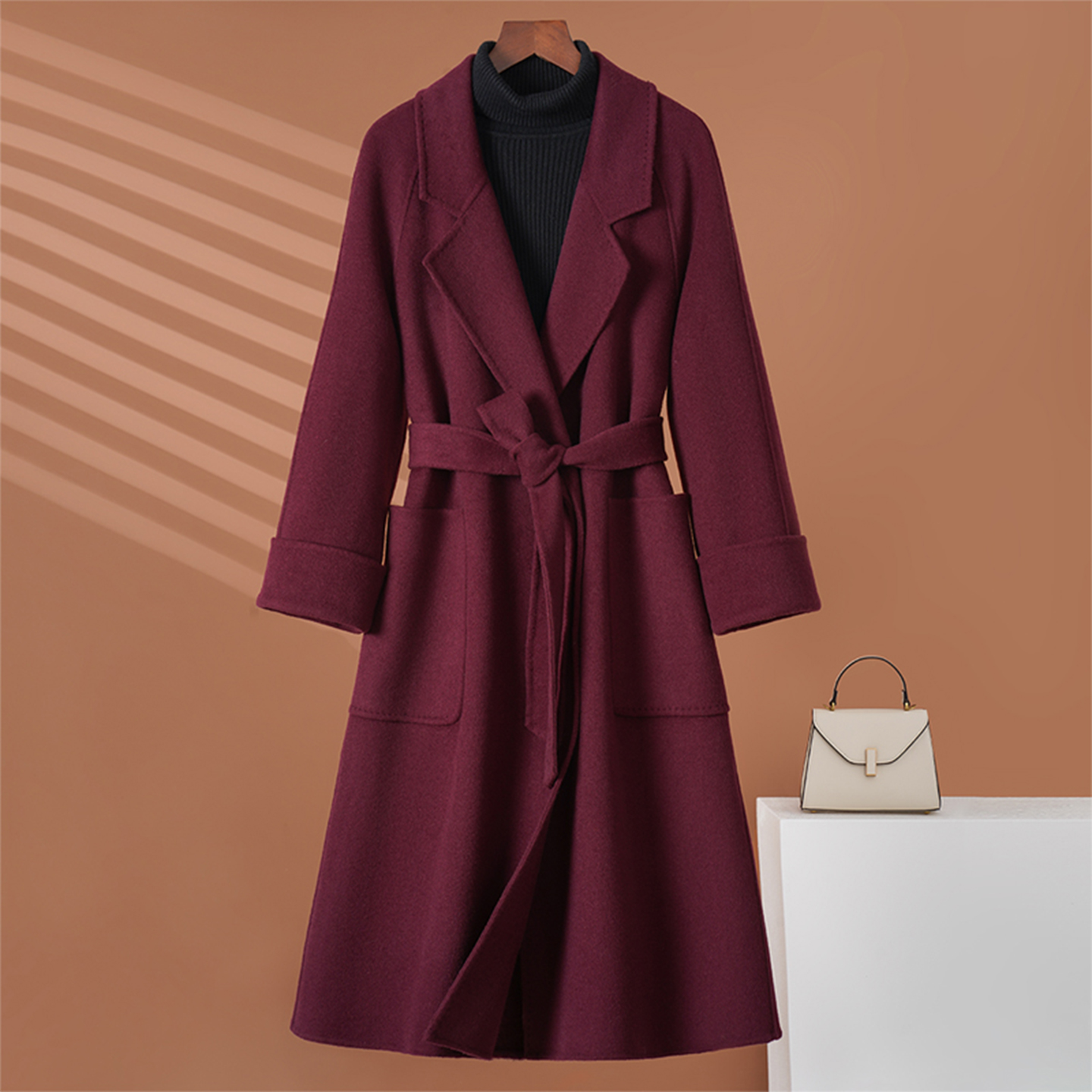 安可拉红双面羊绒大衣中长款