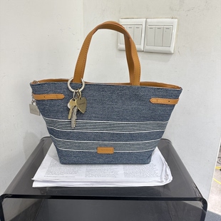 玛莎新款时尚手提帆布拼皮菜篮子包小众潮时尚休闲女包子母包斜挎