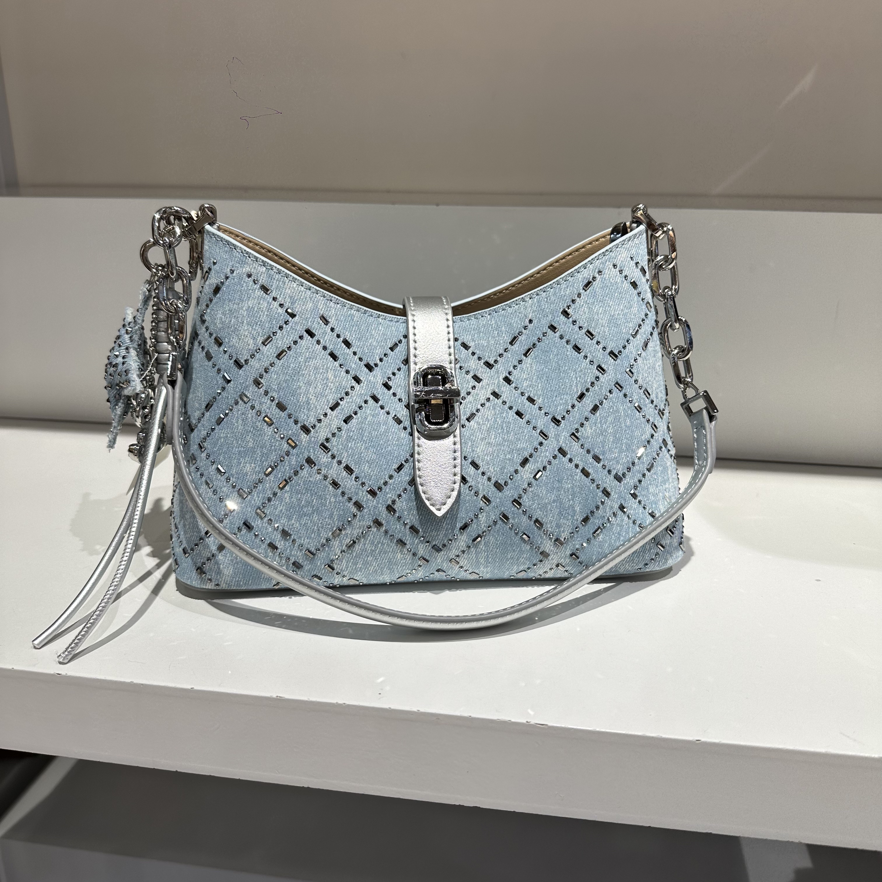 新款时尚菱格牛仔包烫钻分层实用百搭单肩腋下斜挎包休闲女包锁扣