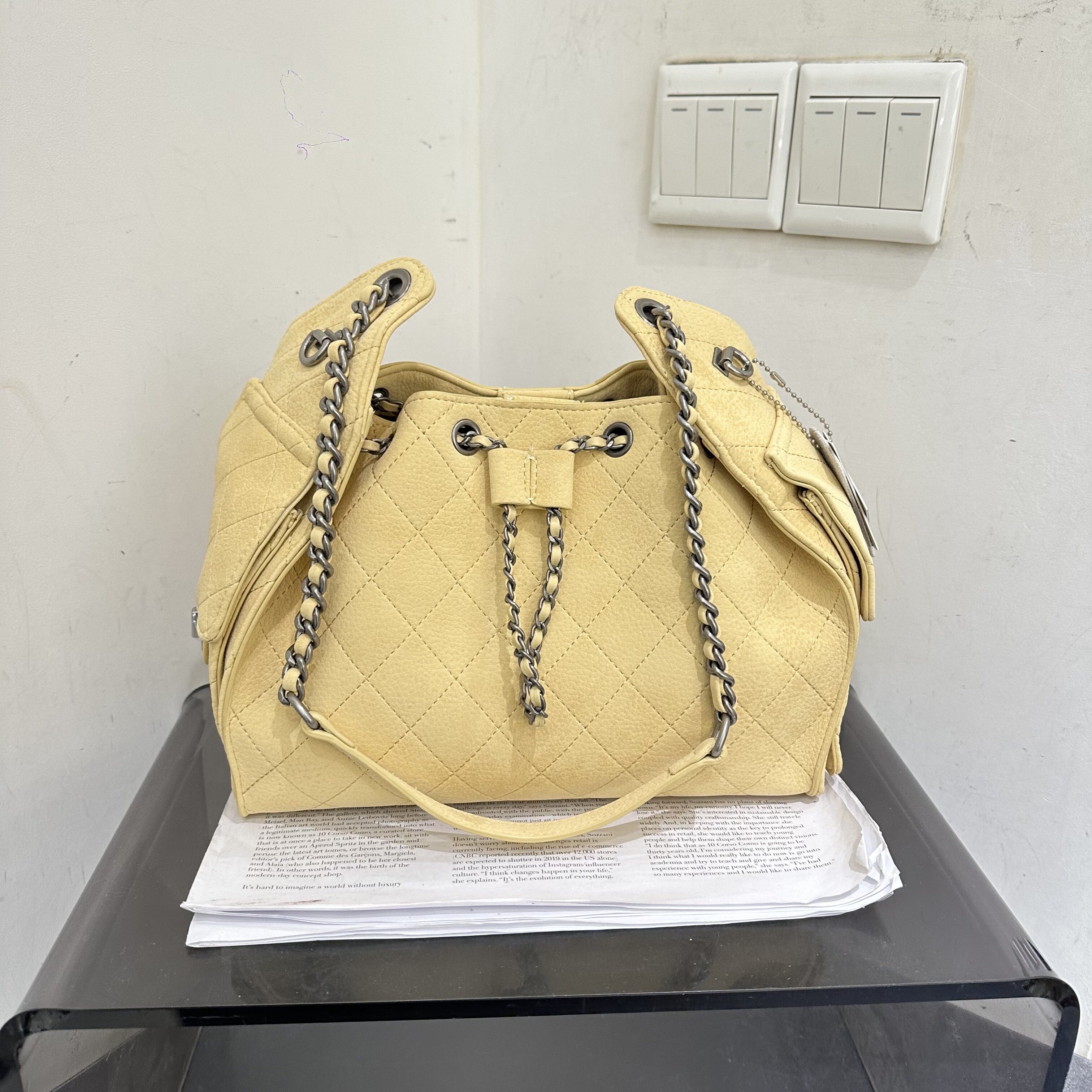 小d家新款菱格链条抽绳腋下包大容量休闲慵懒风软皮单肩斜挎女包