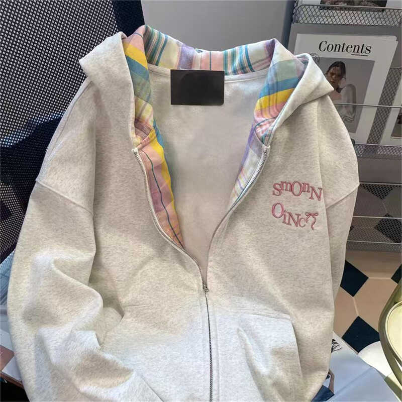 美式复古港味chic格子拼接连帽卫衣女秋冬季刺绣字母上衣开衫外套