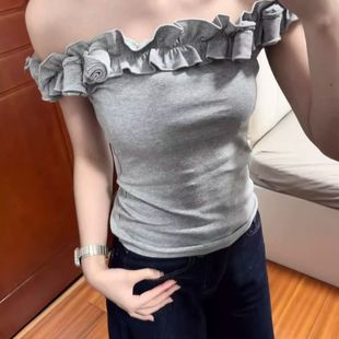 显瘦短款 一字肩花朵卷边性感夏季 修身 无袖 紧身灰色上衣 t恤女薄款