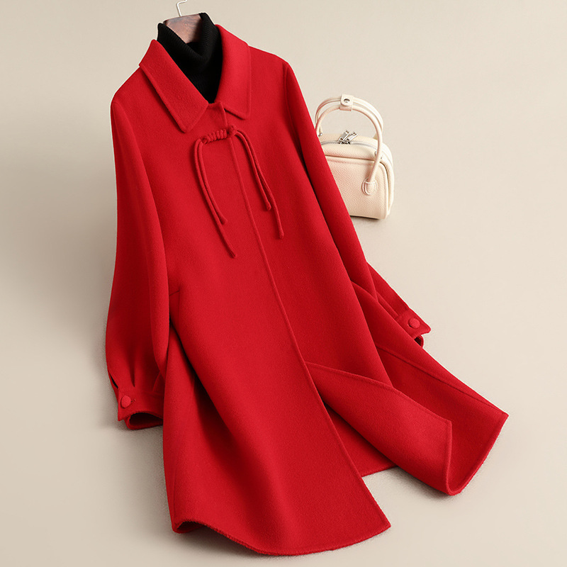 赫本风双面羊毛大红大衣中长款高级感大码礼服风衣宽松呢子外套女