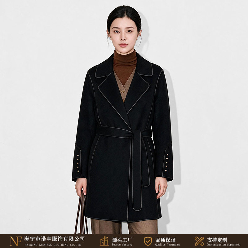 秋冬时尚双面羊毛大衣西装领系带收腰袖口钉扣气质风衣束腰呢外套