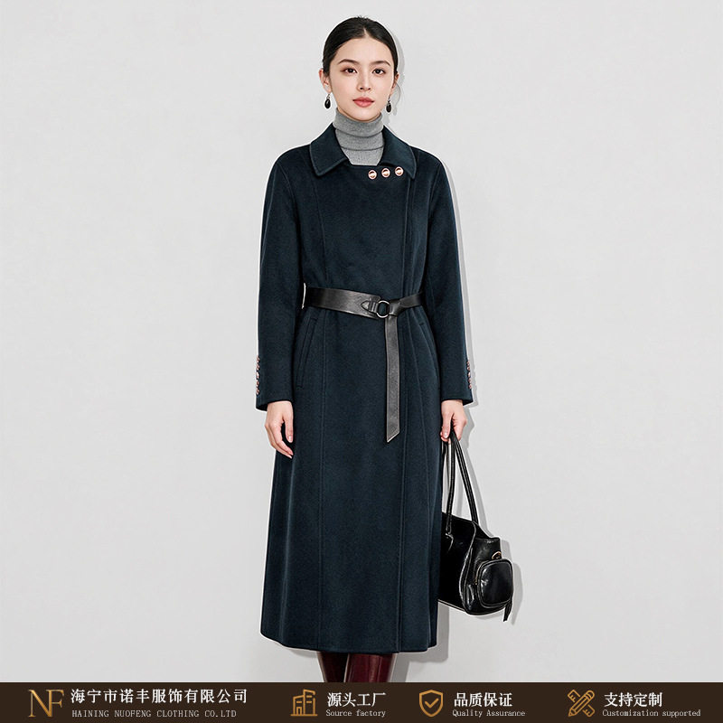 女长款双面羊毛大衣翻领斜门襟皮腰带收腰赫本风气质时尚毛呢外套