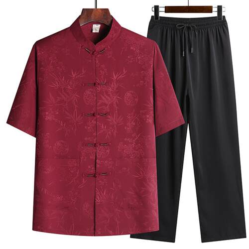 老人寿星中国风唐装汉服套装冰丝