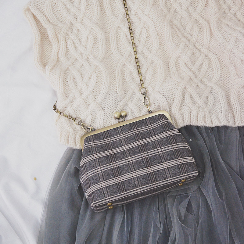 素锦手作英伦复古经典格纹毛呢斜挎包秋冬小方包北欧文艺森女包包