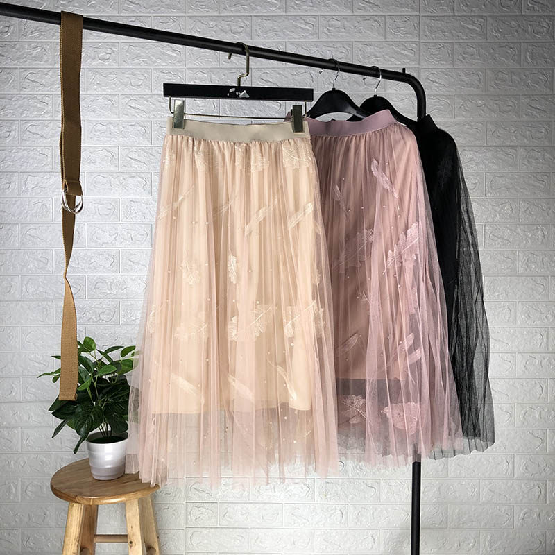 网纱百褶半身裙女夏季新款羽毛刺绣订珠高腰中长款仙女纱裙AB130|msdalam kategori Butik wanita / wanita, skirt - dari Buy2taobao.com untuk memberikan perkhidmatan ejen Taobao profesional membeli