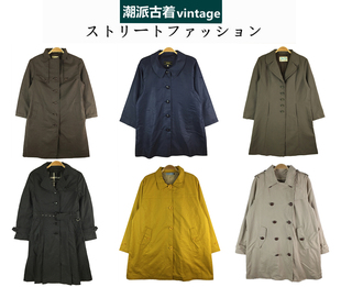 vintage古着外套日系复古英伦赫本风女款风衣中长款双排扣大衣F1