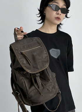 YAU大树 复古金属扣双肩包做旧机车书包美高大容量背包中古辣妹包