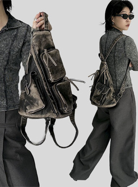 YAU大树 自由骑士水洗复古灰做旧单肩胸包美式机车双肩包软三角包