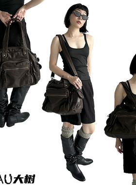 YAU大树 复古机车包大容量多拉链运动单肩包斜挎手提y2k辣妹包