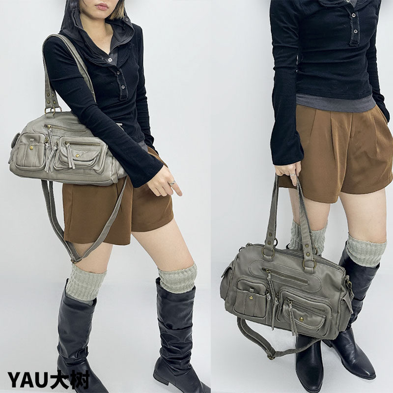 YAU大树 机车单肩包大容量大包包灰色秋冬多口袋斜挎包腋下包复古