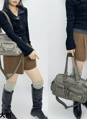 YAU大树 机车单肩包大容量大包包灰色秋冬多口袋斜挎包腋下包复古