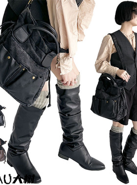 YAU大树 陨石黑做旧复古风牛仔包抽绳包英伦单肩斜挎包美式复古