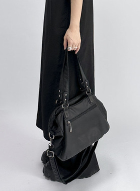 YAU大树 软皮风琴包黑色多隔层机车包复古拖特包山本耀司风包y2k