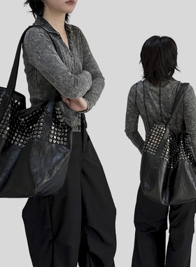 YAU大树 铆钉托特包大容量单肩包轻朋克风黑色腋下大包包购物袋