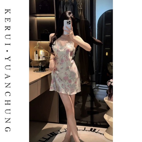 秋季纯欲冰丝V领吊带显瘦睡裙女