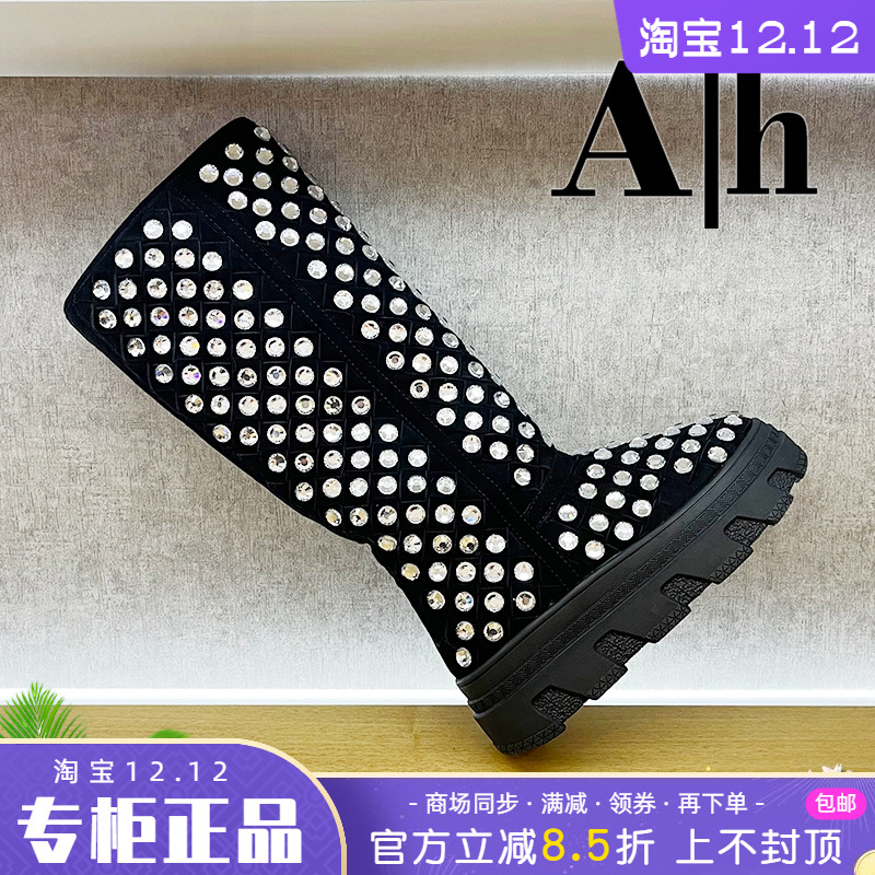 正品AH女鞋2025冬新款圆头休闲羊皮真毛里雪地靴舒适保暖个性