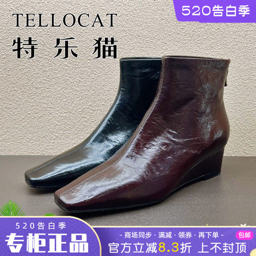 正品TELLOCAT特乐猫女靴2025秋新款高跟坡跟方头短靴时尚性感