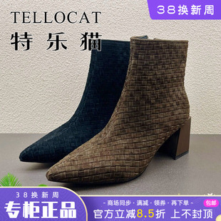 正品TELLOCAT特乐猫女靴2025秋新款高跟粗跟尖头短靴时尚性感