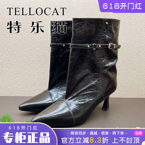 正品TELLOCAT特乐猫女靴2025冬新款高跟粗跟圆头中靴时尚性感