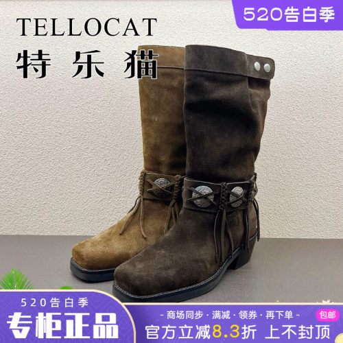正品TELLOCAT特乐猫女靴2025秋新款中跟粗跟方头中靴时尚性感