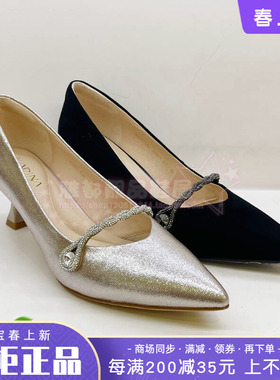 正品卡迪娜女鞋2025春新款尖头中跟细跟饰扣套脚单鞋KS251535