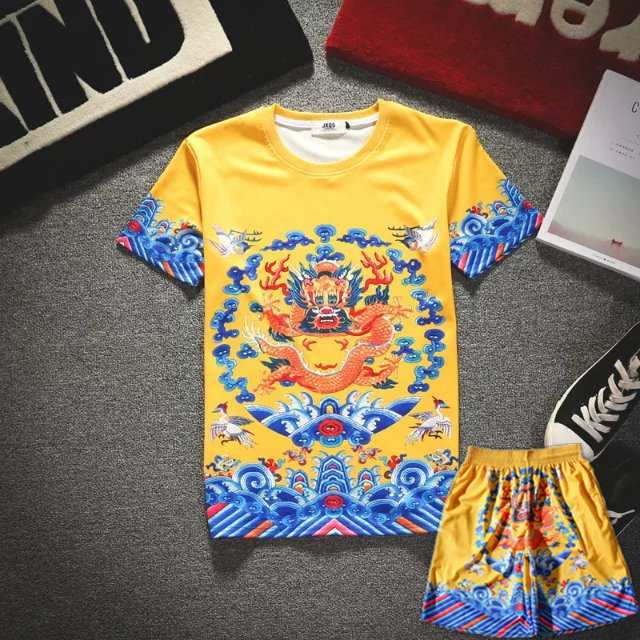中国风清朝官服套装皇帝龙袍衣服古代男士3D印花短袖T恤衫大码夏