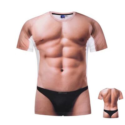 肌肉男T恤假6八块假胸腹肌上衣服创意个性短袖搞怪3D立体搞怪肤色