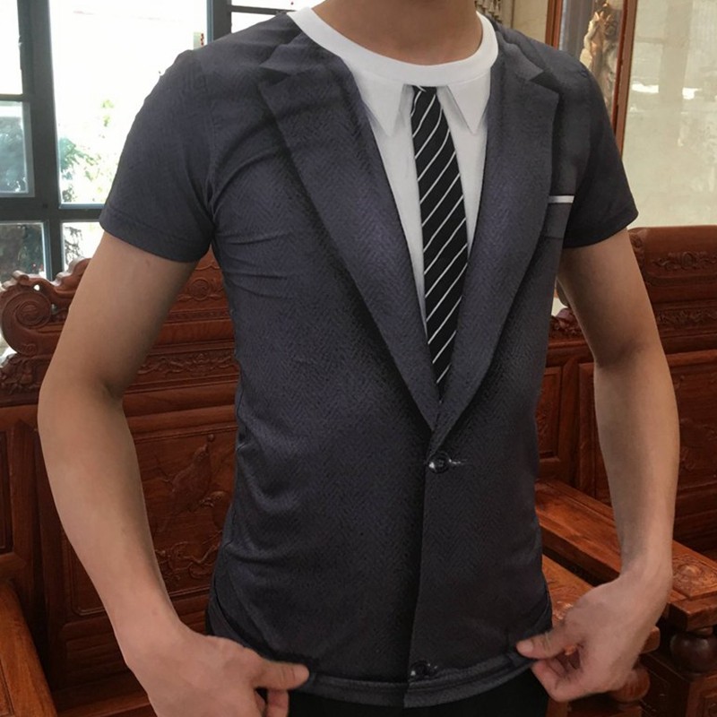 2025夏季新款3d肌肉男创意假腹肌印花短袖t恤恶搞西装领带图案衫