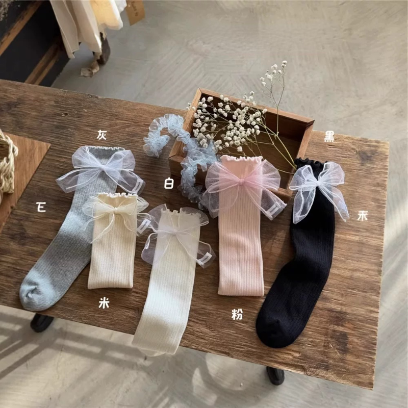 新款韩版女童中筒袜26春夏新款儿童袜子蕾丝大蝴蝶结宝宝长筒袜