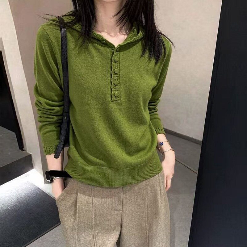 秋冬新款韩式休闲风连帽纽扣针织衫女装时尚长袖潮流上衣