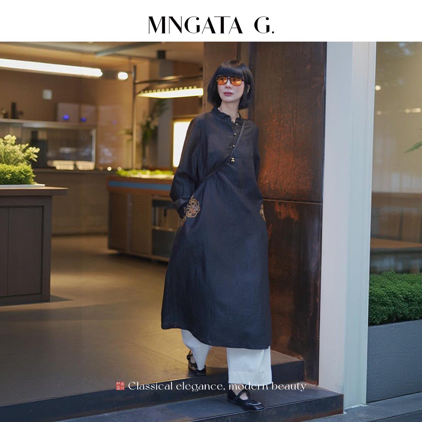 MNGATA G.宫小妍【香云纱·墨如意】真丝新中式中国风连衣裙