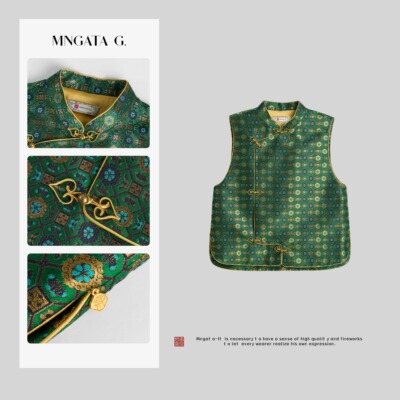 曼加塔【上久楷·蝶纹金宝地】桑蚕丝中式外穿坎肩马甲5031645