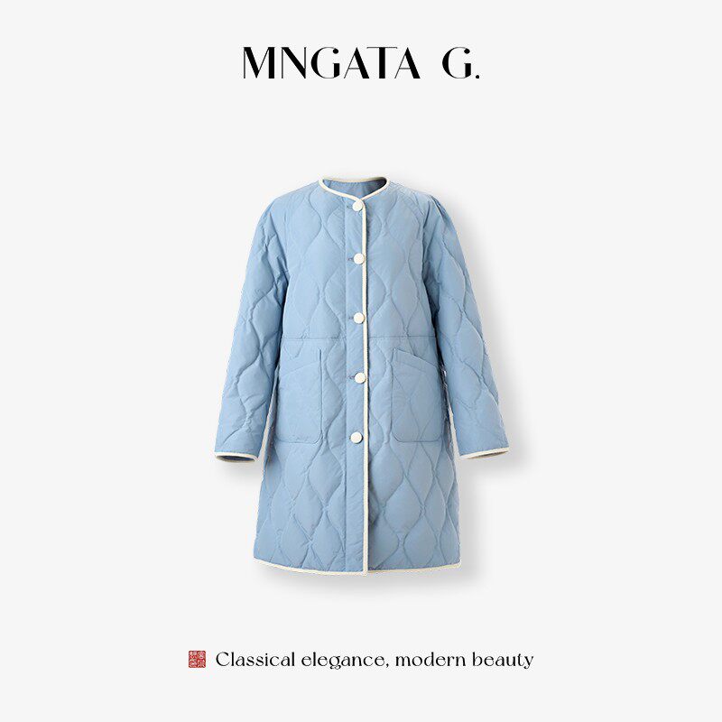 MNGATA G.宫小妍 雾霾蓝白鹅绒 百搭保暖日常中长款外套5110257