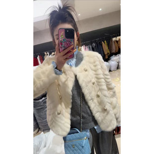 圆领双排扣金叶貂毛毛外套短款皮毛一体仿水貂毛环保草上衣2025冬