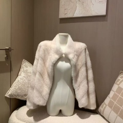 落日绒感仿水貂环保草草气质千金慵懒感秋冬款毛毛外套短款立领