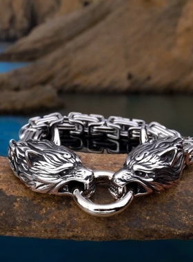 2024年狼头手链帝王链暗影狼女圆环龙骨鞭子嘻哈朋克钛钢首饰手环