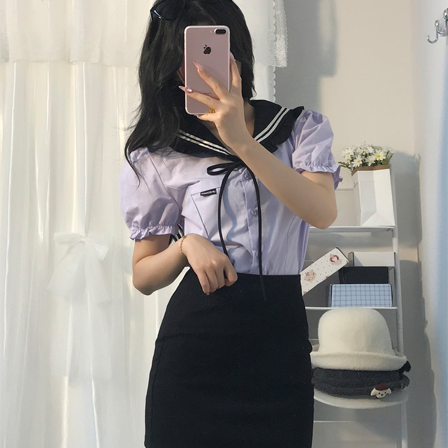 学院风纯欲显瘦套装裙女夏季海军领短袖衬衫包臀半身短裙子两件套