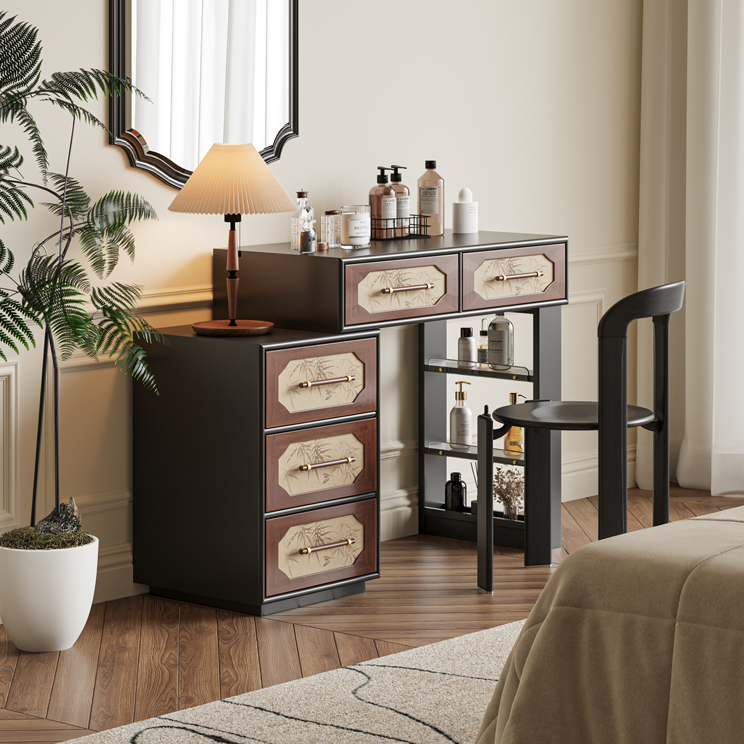 谷及实木复古梳妆台床尾化妆桌