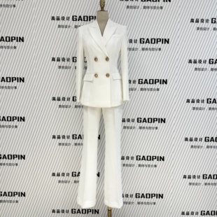 高端英伦风微喇叭两件套主持人礼服西服套装 白色西装 女双排扣修身