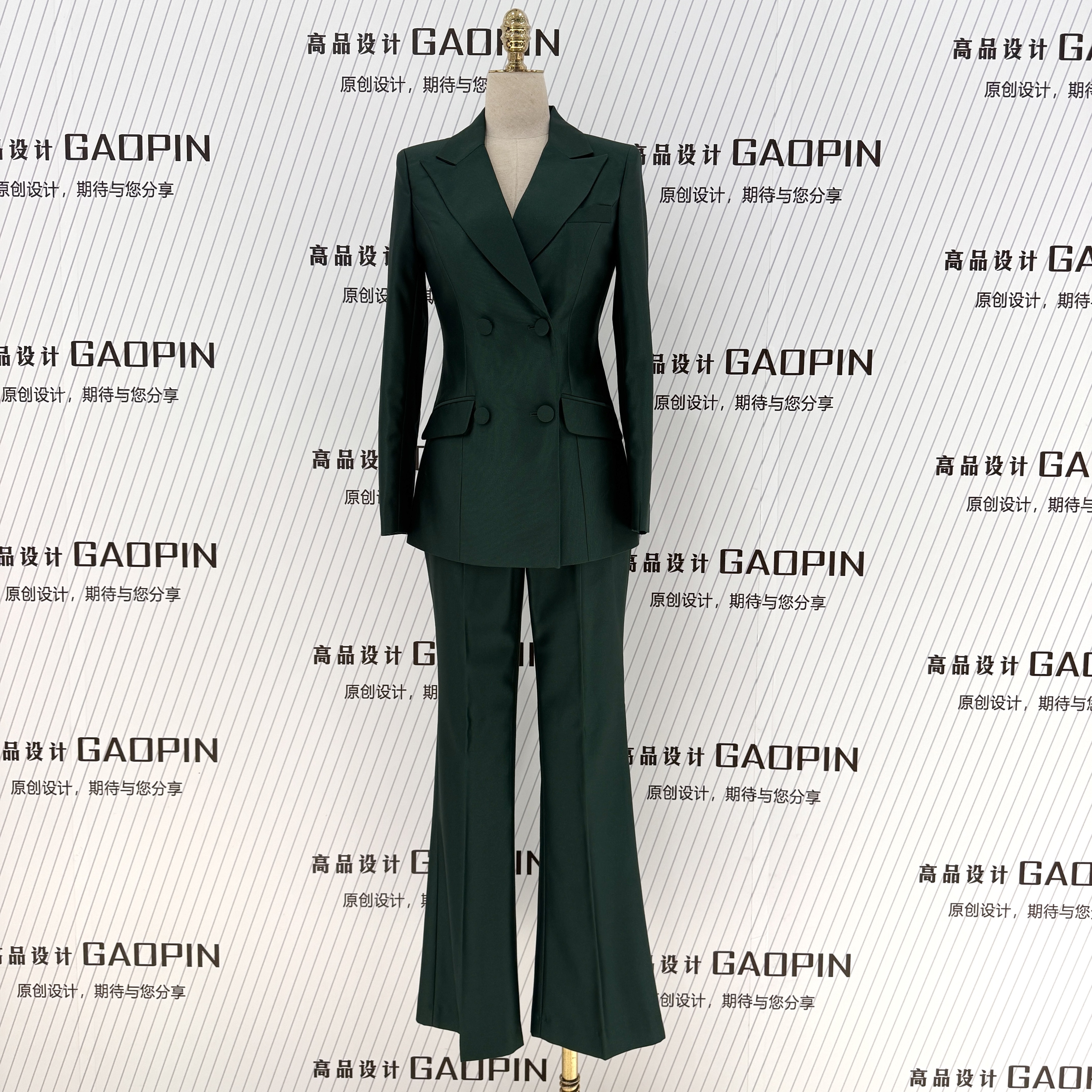 春秋季墨绿色双排扣西装套装女时髦显瘦原创小众团队轻职场西服