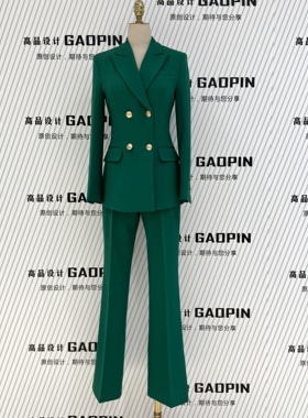 原创春秋款西装套装女时尚高级感绿色修身微喇叭裤气质女神两件套