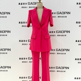 夏季短袖薄款玫红色西服套装女原创小众气质显身材团队美业工作服