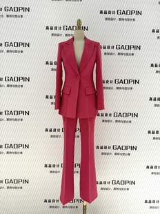 西装 气质修身 套装 高端时尚 活动主持西服 女秋款 原创玫红色微喇叭裤