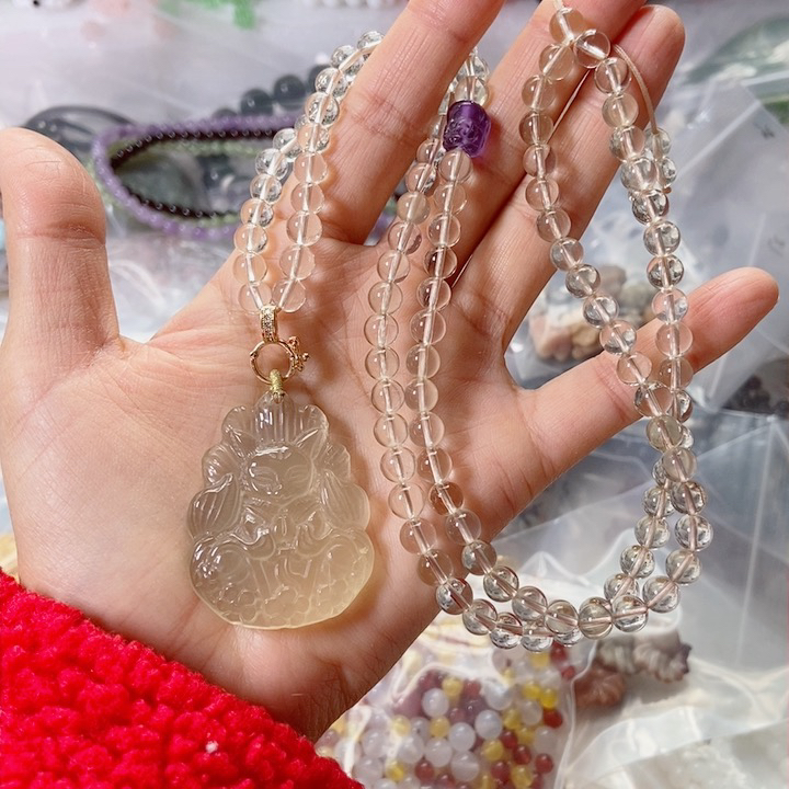 柠檬黄水晶许愿狐项链 秋冬季毛衣链 天然水晶珠链颈饰