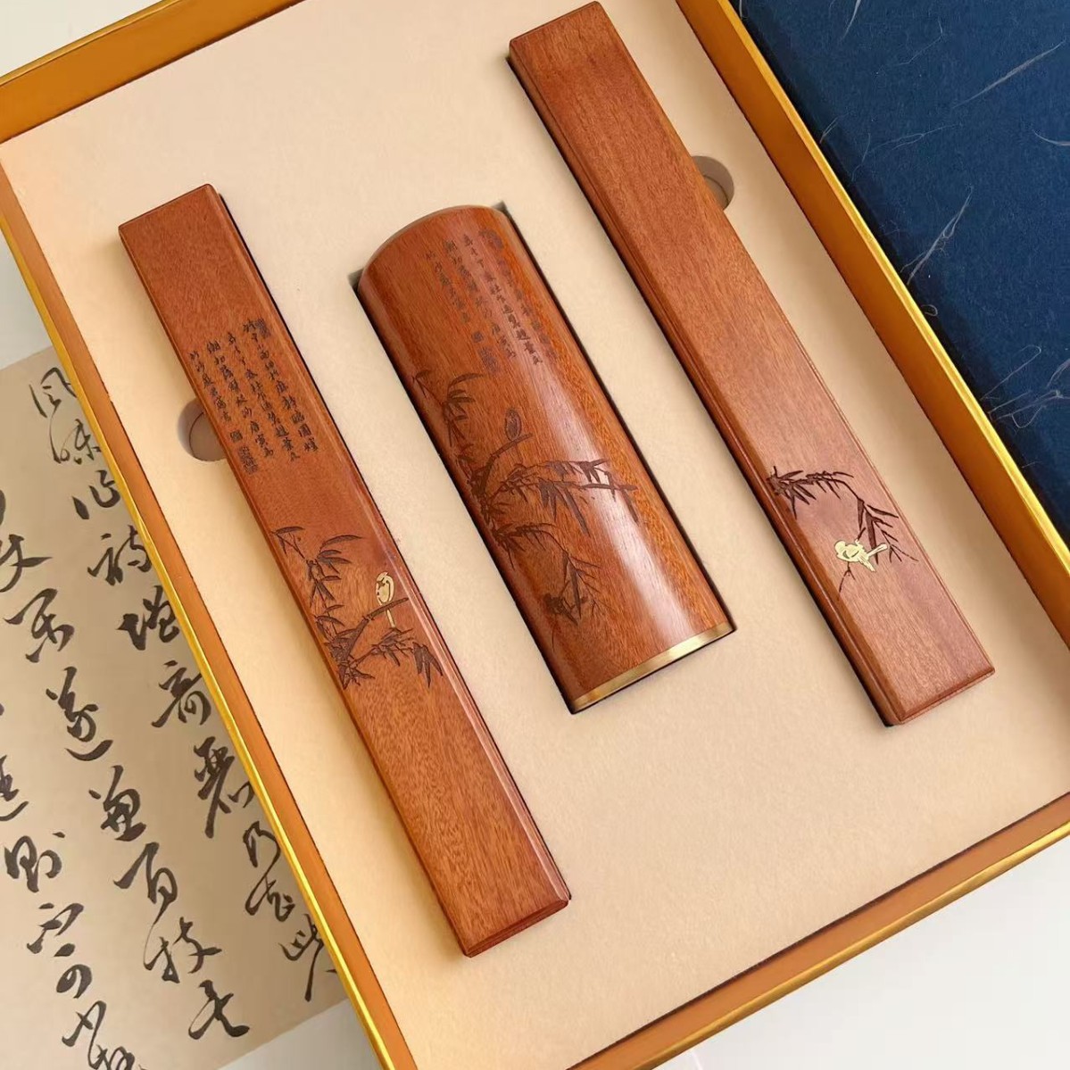 国潮古风文房四宝礼盒实木质镇尺小圆笔筒送领导客户商务文化礼品