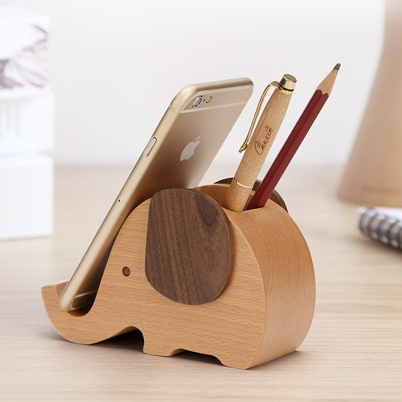 创意大象实木笔筒手机座支架