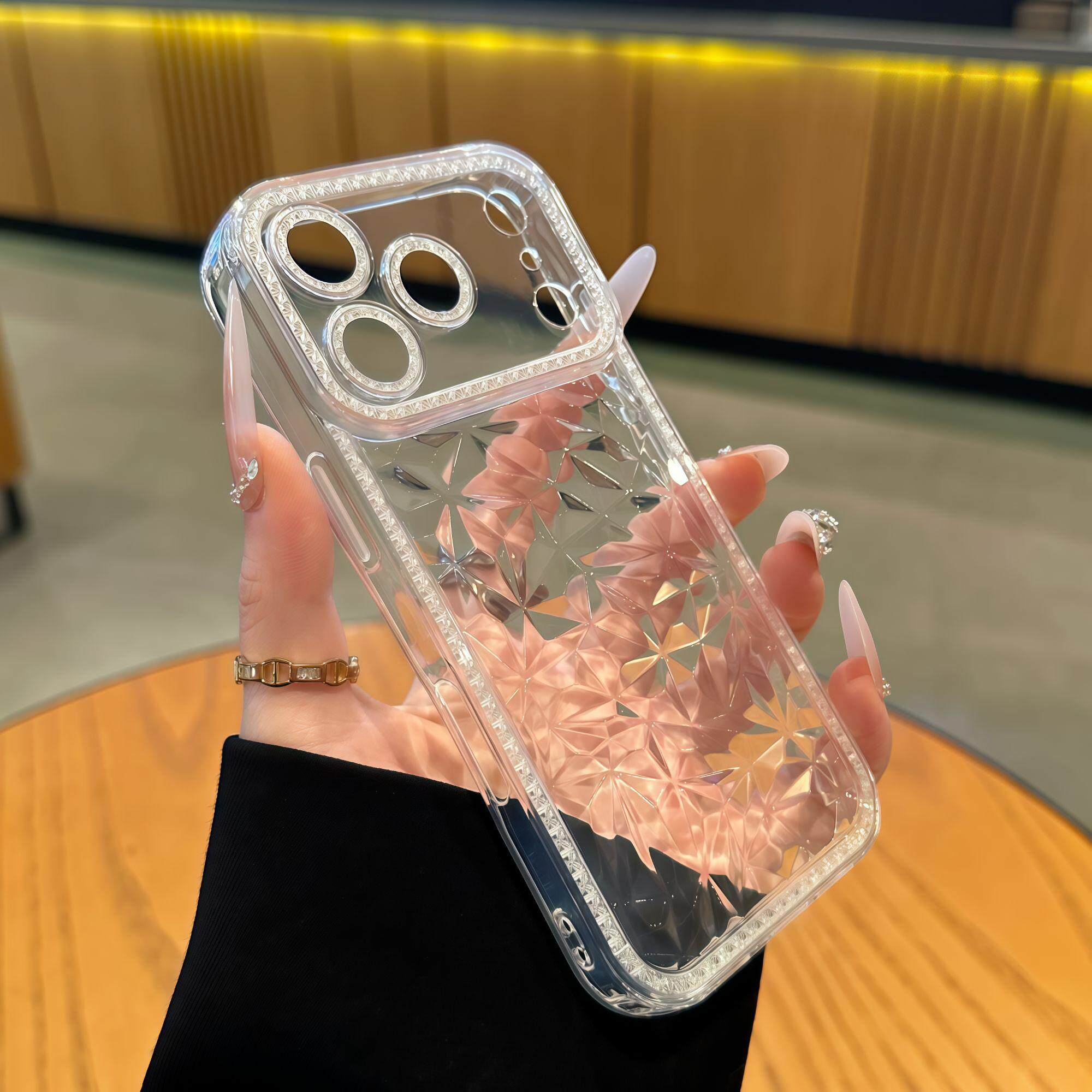菱形闪钻纹适用苹果16promax手机壳iphone17pro新款13轻奢12高级感14保护套15promax全包防摔15plus透明软壳